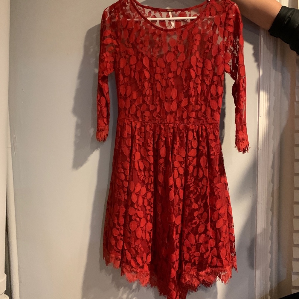 Red, lace, Free People dress